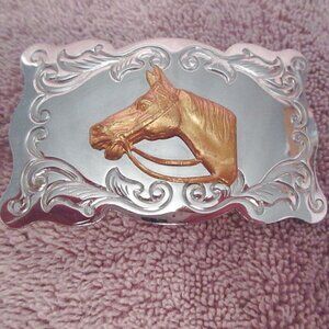 Vtg Chambers Belt Co. Brass Horse Head Buckle Ornate 3D Western Rodeo USA Cowboy